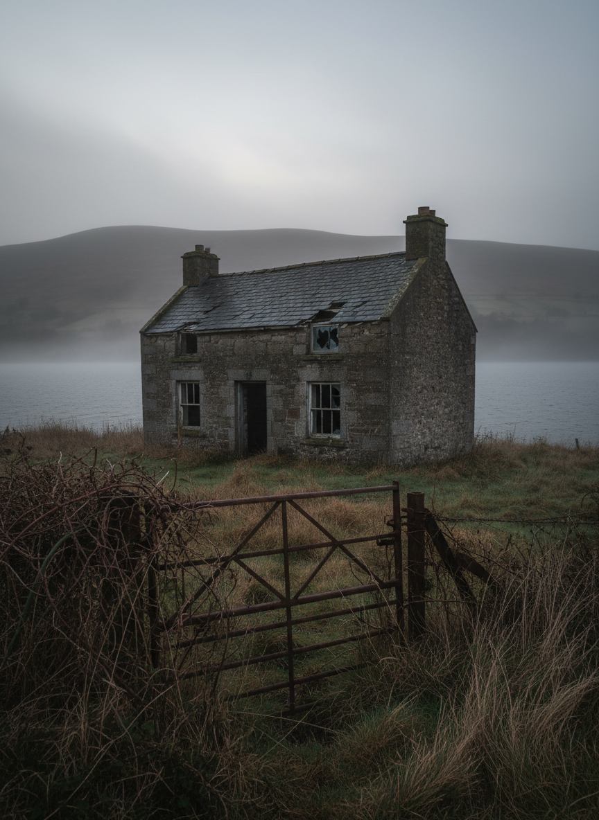 An abandoned stone farmhouse on the shores of a mist-shrouded Westmeath lake, its slate roof sagging and several windows shattered, their jagged glass edges catching faint light. The front door hangs askew, revealing only darkness within. A rusted iron gate leans open in the foreground, overgrown with brambles and tall, dead grass bending in a cold breeze. Dense, low-lying fog coils above the still, black water of the lake behind the house. The scene is lit by muted, overcast evening light, with subtle highlights on wet stone and deep, soft shadows pooling under the eaves. Photographic realism, eye-level composition with the farmhouse off-center using rule of thirds, creating a brooding, unsettling mood.