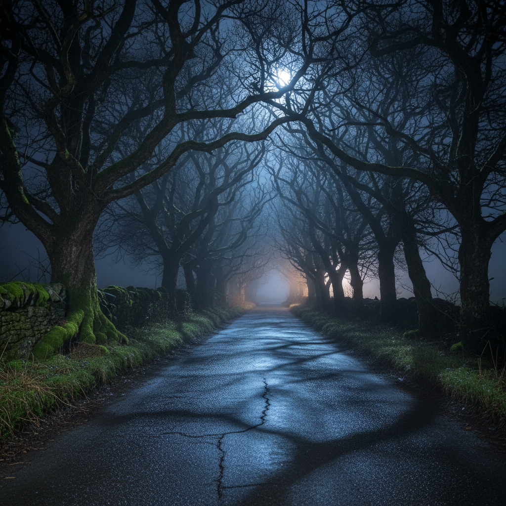 A narrow, single-lane country road in Westmeath at night, bordered by ancient, twisted hawthorn trees whose bare branches knit together overhead like skeletal fingers. The cracked asphalt is slick with rain, reflecting a faint, distant glow from an unseen village. Dense fog wraps the road, swallowing it just beyond a gentle bend. In the hedgerow, a crumbling stone boundary wall is half-buried in moss and tangled roots. The only illumination comes from a weak, cold, bluish moonlight that filters through gaps in the branches, casting long, claw-like shadows across the road. Photographic realism, shot from a low, centered vantage point straight down the lane, with deep perspective drawing the eye into the ominous, vanishing mist.