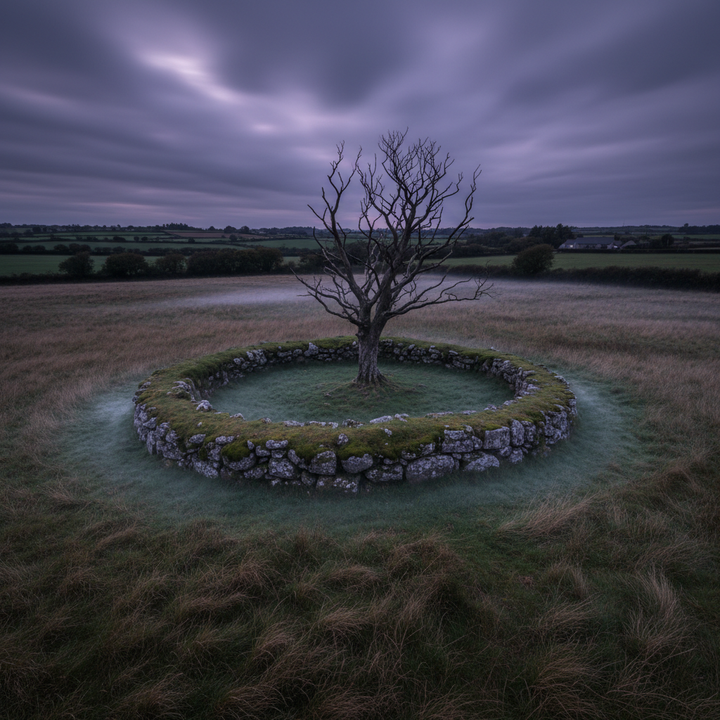 An ancient stone ringfort earthwork in Westmeath at dusk, its low circular wall of moss-coated boulders rising from a field of rough, wind-tossed grass. Inside the ring, a solitary, leafless tree twists upward, its gnarled branches reaching like claws into a bruised purple and grey sky. The surrounding fields fade into shadow, punctuated by dark silhouettes of hedgerows and distant farm buildings. Faint mist gathers in shallow hollows around the fort, clinging to the grass. The fading daylight casts a dim, cool glow, with subtle, directional side lighting emphasizing the texture of the stones and roots. Photographic realism, captured from a high, slightly oblique angle to show the full circular shape, with an ominous, ancient, and mysterious mood.