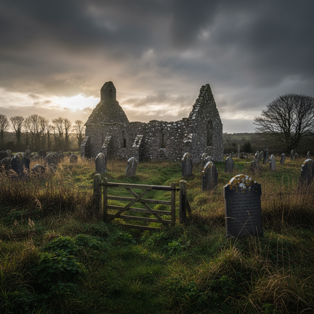 A crumbling medieval church ruin in rural Westmeath, its roof long gone, leaving only jagged stone walls and a leaning bellcote silhouetted against a heavy, cloud-choked sky. Weather-worn gravestones tilt at odd angles in the overgrown graveyard, their inscriptions half-erased by time and lichen. Long grass and nettles choke the pathway to a broken wooden gate hanging from one hinge. The scene is illuminated by a stark, late-evening light that breaks through the clouds in narrow beams, catching edges of stone and casting stark, elongated shadows across the graves. Shot in photographic realism from a slightly elevated angle, with moderate depth of field so the foreground stones are sharp while distant trees dissolve into a murky blur, creating a solemn, haunted atmosphere.